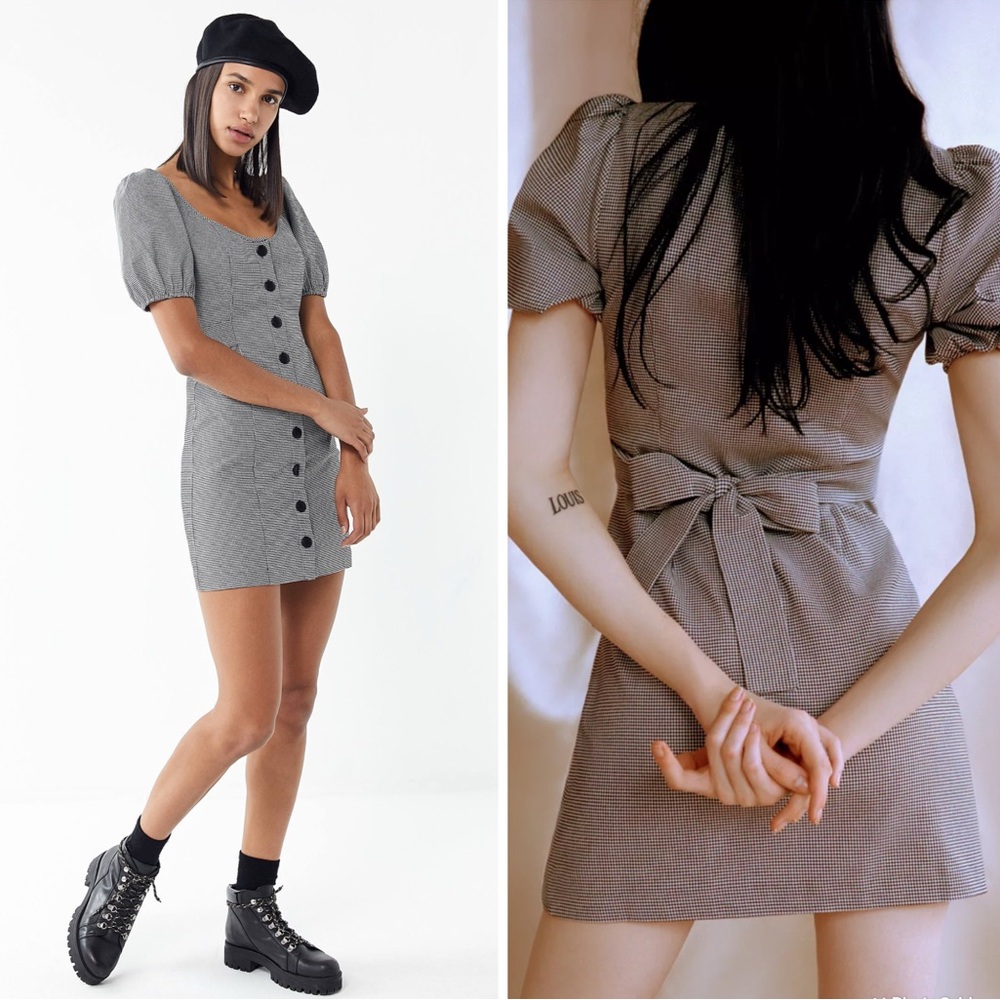 Urban Outfitters UO Emily Puff Sleeve Houndstooth Button-Up Dress Black White